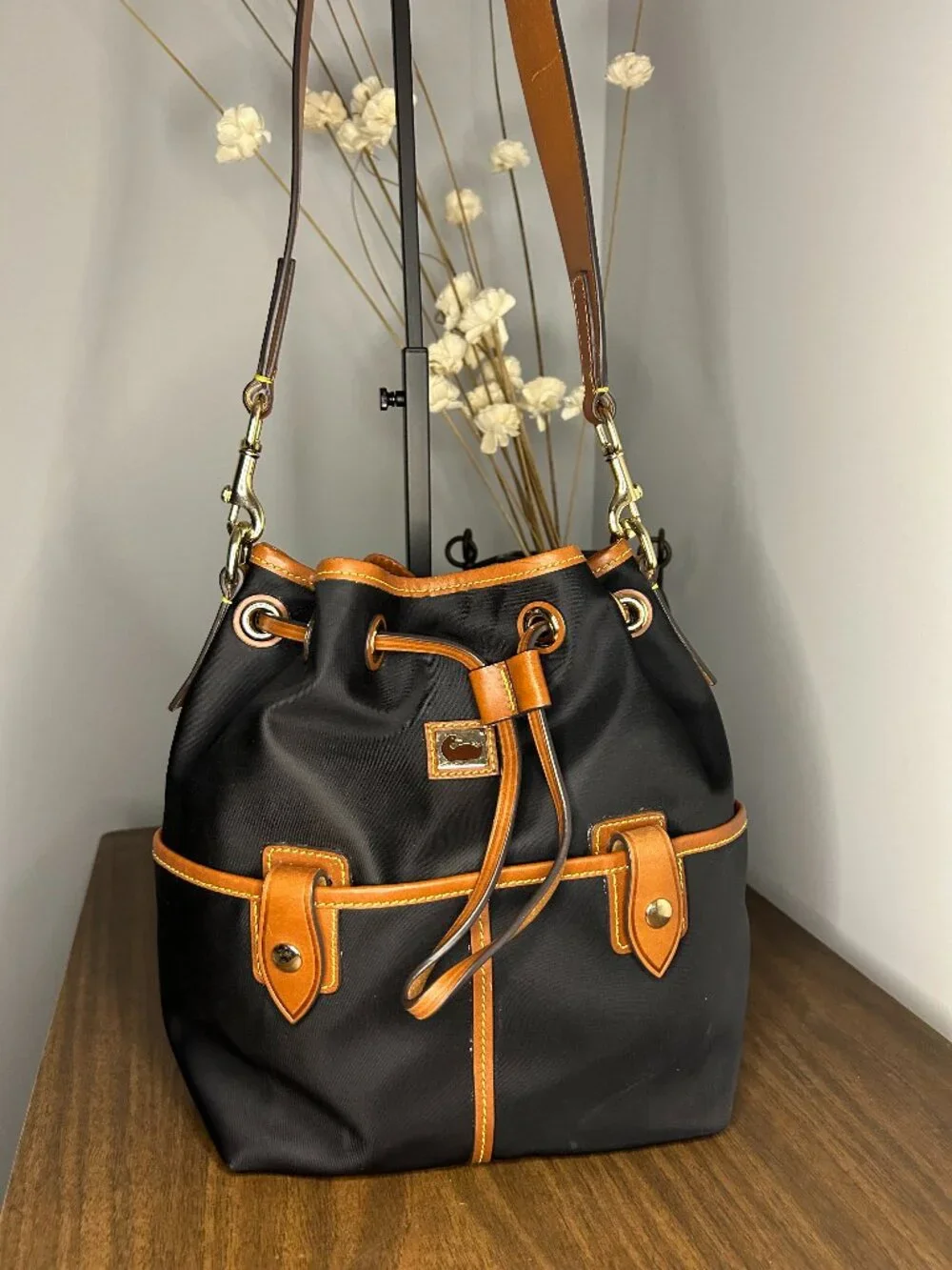 Dooney & Bourke Wayfarer Black Nylon Leather Drawstring Bucket Bag